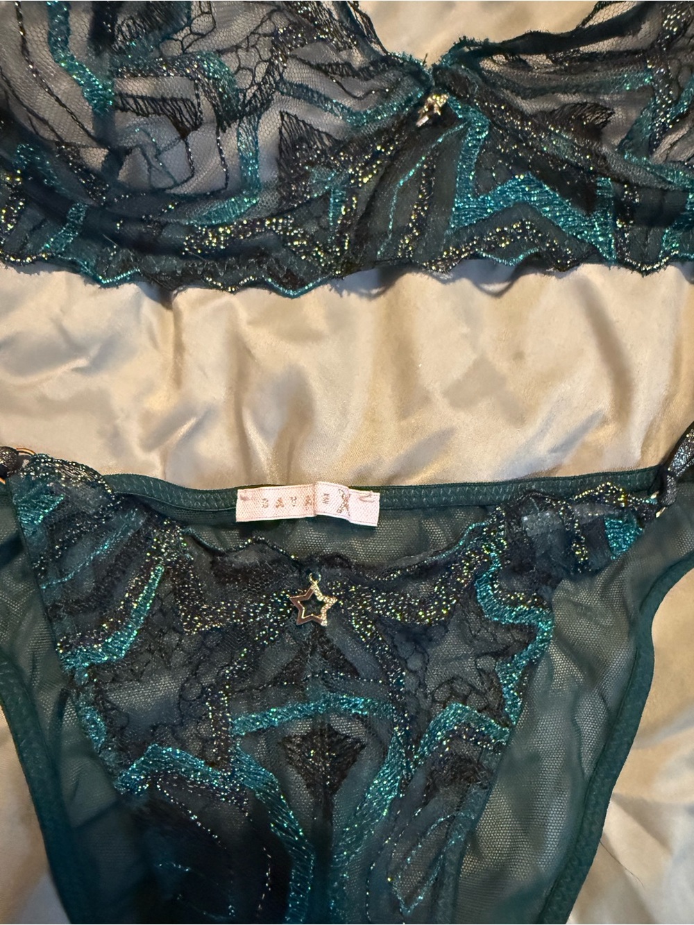 Savage X Fenty Teal and Black Sheer Lace Bra & Thong Set